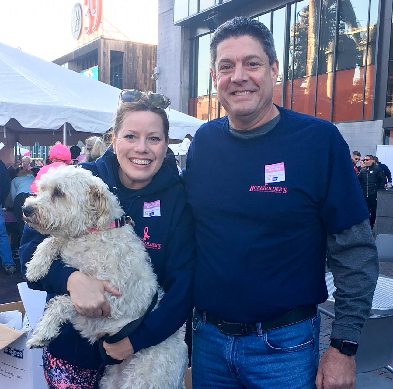 Bob and Marissa Burkholder with their dog Selby at the 2017 Making Strides Against Breast Cancer Walk